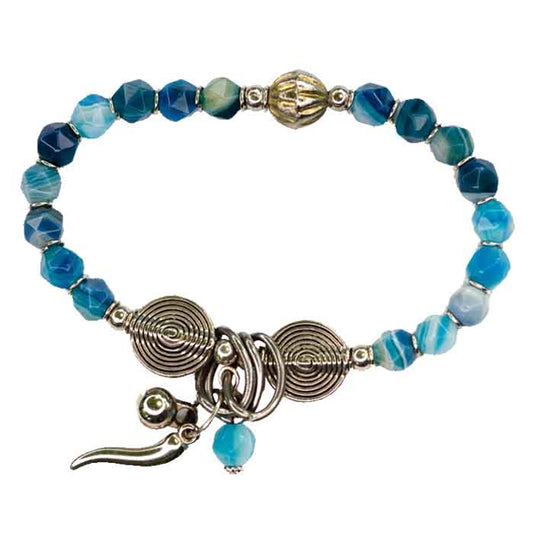 Blue Agate Gemstone Bracelet with Vintage Silver Charms