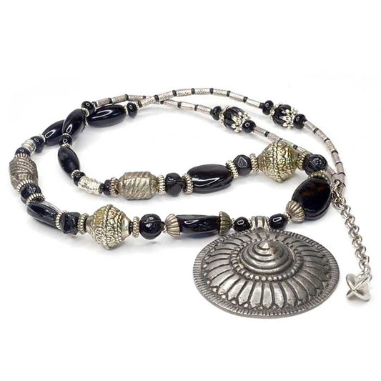 Black-Beaded Pendant with Vintage Silver Beads