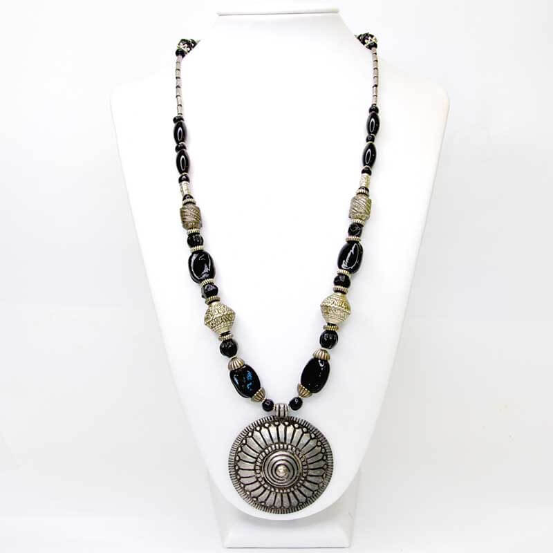 Black-Beaded Pendant with Vintage Silver Beads
