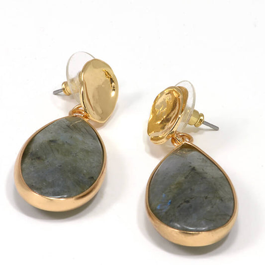 Green Labradorite Gemstone Gold Drop Earrings