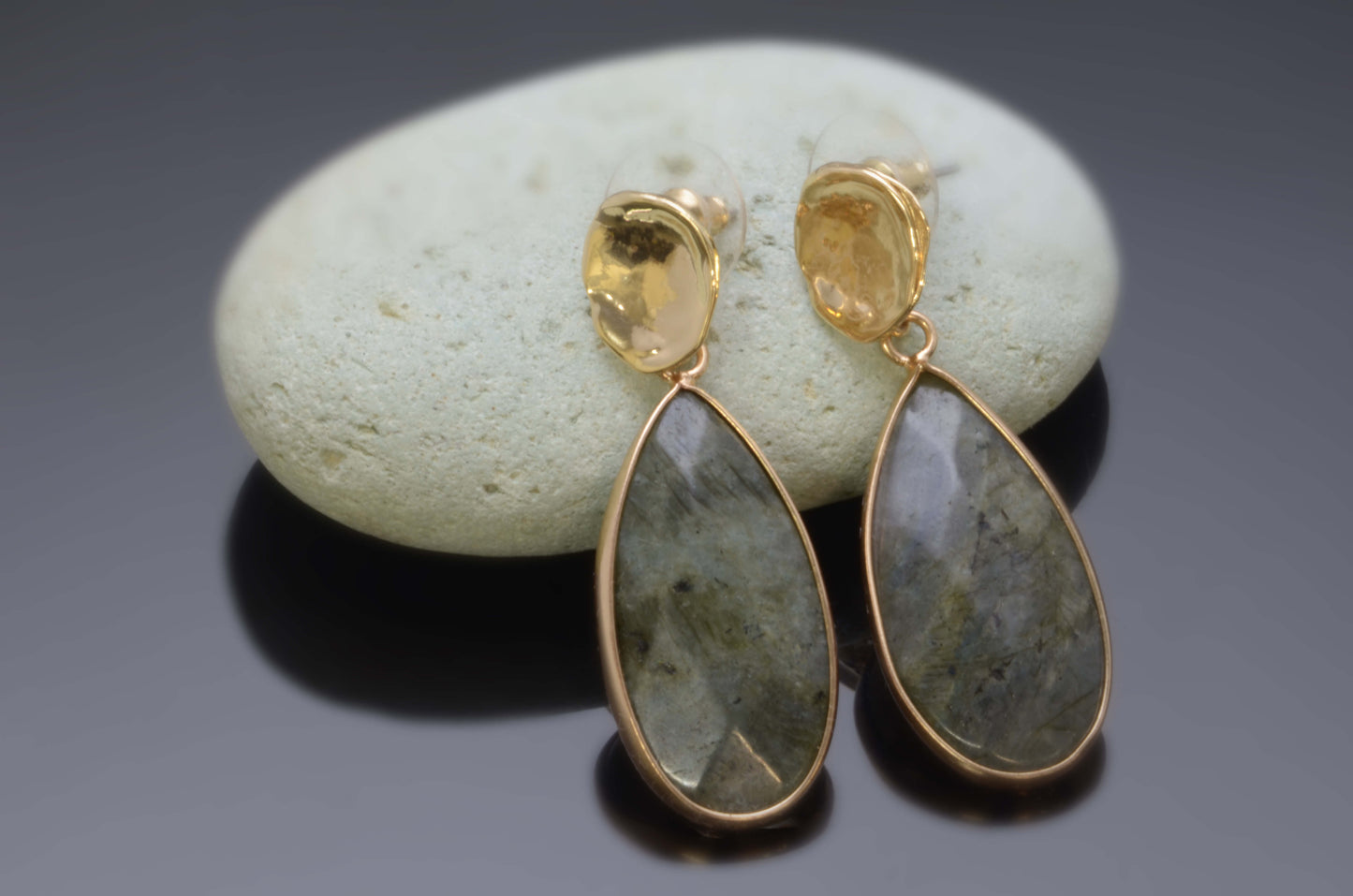 Green Labradorite Gemstone Gold Drop Earrings