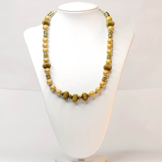 Golden Necklace with Lustrous Glazed and Vintage Beads
