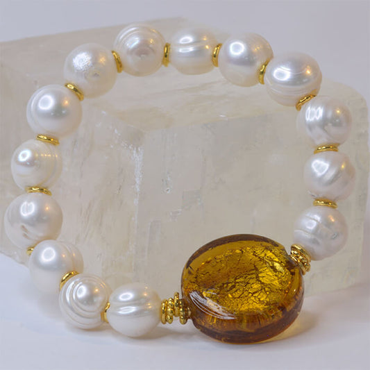 White Freshwater Pearl Bracelet With Sparkling Gold Glazed Bead